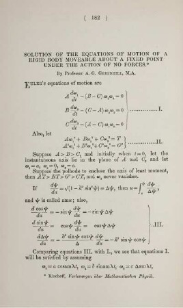 Solution of the equations of motion of a rigid body moveable about a fixed point under the action of no forces.
