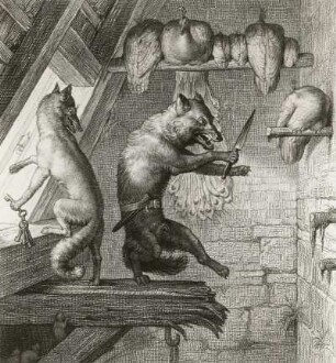 Kaulbach, Wilhelm von. Illustration zu Reineke Fuchs von Johann Wolfgang v. Goethe. Reineke führt Isegrimm, den Wolf, in den Speicher des Pfaffen
