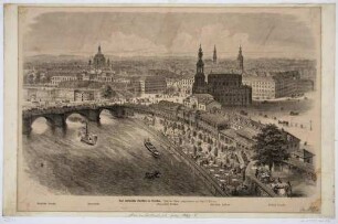 Stadtansicht von Dresden aus der Vogelperspektive: Augustusbrücke, Brühlsche Terrasse, Schlossplatz, Katholische Hofkirche (Kathedrale), Schloss und Helbigs Etablissement, aus der Zeitschrift "Gartenlaube" von 1869