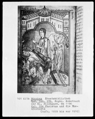 Sogenanntes Gebetbuch der heiligen Hildegard — Christus und die Ehebrecherin, Folio 28verso