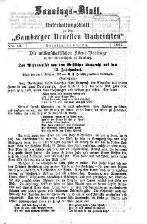 Bamberger neueste Nachrichten. [1867/68] = 1867, 5.10. - 30.12. [u.] Sonntags-Blatt 1867, 6.Okt. - 1868