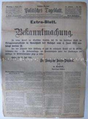 Extra-Blatt des "Aachener Anzeigers" mit der Bekanntmachung der Verhängung des Belagerungszustandes