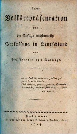 Über Volksrepräsentation und die künftige landständische Verfassung in Deutschland