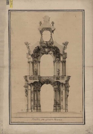 Durchschnitt durch das Große Portal, Kupferstich, um 1721 : Profil Du Grand Portail / Inv. et designées par M. D. Pöppelmann. Gravée par Schmidt. - [Dresde] , [1721]. - 1 Durchschnitt : Kupferstich ; 42 x 61 cm
