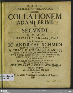 Exercitatio Theologica exhibens Collationem Adami Primi & Secundi