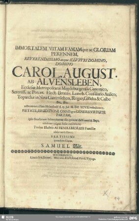 Immortalem Vitam Famamque ac Gloriam Perennem, ... Carol. August. Ab Alvensleben ...