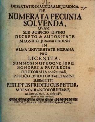 Dissertatio Inauguralis Juridica, De Numerata Pecunia Solvenda