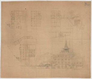 Thiersch, August ; Schliersee (Bayern); Rathaus und Gemeindehaus - Gemeindehaus (Lageplan, Grundriss Hochparterre, Grundriss UG, Grundriss 1. OG, Grundriss DG, Ansicht)