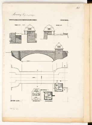 Straßenbrücke mit Wärterhaus Monatskonkurrenz März 1913: Brücke: Grundriss, Aufriss Seitenansicht, (halber) Querschnitt 1:200; Wärterhaus: Grundriss Keller, Erdgeschoss, Dachgeschoss, Aufriss 2 Seitenansichten 1:200