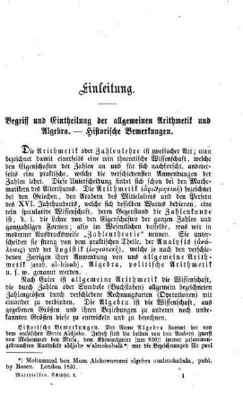 Einleitung. Begriff und Eintheilung der allgemeinen Arithmetik und Algebra. - Historische Bemerkungen.
