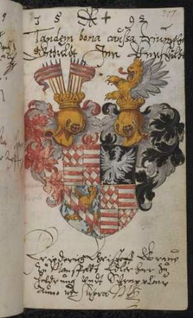 Wappen: Graf Friedrich Christoph von Mansfeld(Hinterort), Herr von Hedrungen Schrapplau (1564-1631), Eintrag 1592
