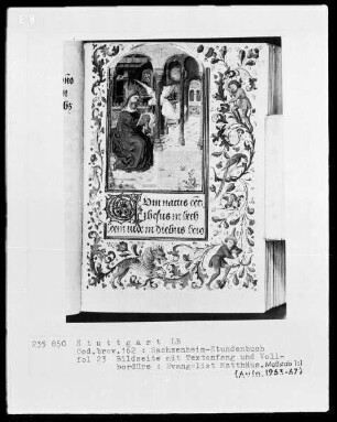 Lateinisches Stundenbuch (Sachsenheim-Gebetbuch) — Gerahmte Bildseite mit Textanfang, Folio 23recto