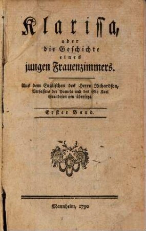 Klarissa, oder die Geschichte einen jungen Frauenzimmers, Erster Band