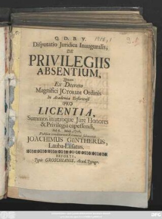 Disputatio Juridica Inauguralis, De Privilegiis Absentium