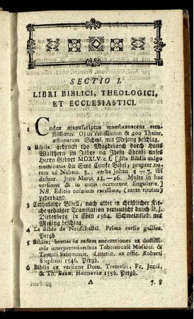 Sectio I. Libri Biblici, Theologici, Et Ecclesiastici.