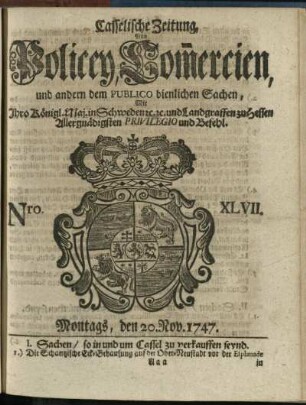 Nro. XLVII, Montags, den 20. Nov. 1747