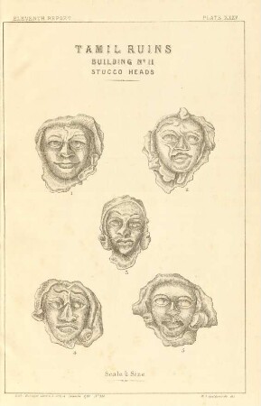Plate XXXV. Tamil ruins. Building No. 11. Stucco heads.