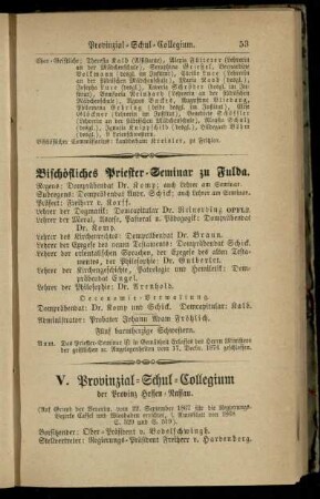 Provinzial-Schul-Collegium der Provinz Hessen-Nassau nebst den zu dessen Ressort gehörigen Schul-Anstalten des Regierungsbezirks Cassel