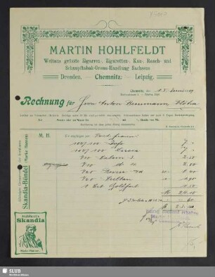 Martin Hohlfeldt, weitaus grösste Zigarren-, Zigaretten-, Kau-, Rauch- und Schnupftabak-Grosso-Handlung Sachsens Dresden, Chemnitz, Leipzig : Rechnung