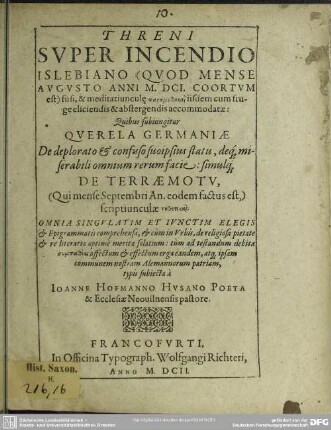 Threni super incendio Islebiano anni 1601