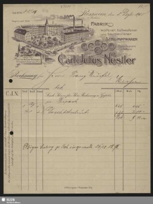 Carl Julius Nestler, Fabrik wollener, halbwollener und baumwollener Strumpfwaren, Rosswein : Rechnung