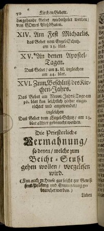 Die Priesterliche Vermahnung/ so denen/ welche zum Beicht-Stuhl gehen wollen/ vorgelesen wird.