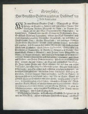 C. Reversales, Den Bergischen Ständen gegeben zu Düsseldorff den 11/ 21 Julii, Anno 1609.