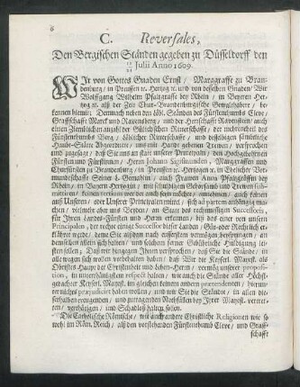 C. Reversales, Den Bergischen Ständen gegeben zu Düsseldorff den 11/ 21 Julii, Anno 1609.