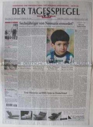 Berliner Tageszeitung "Der Tagesspiegel" mit Spekulationen über den Tod eines ausländischen Kindes in Sebnitz (Sachsen)