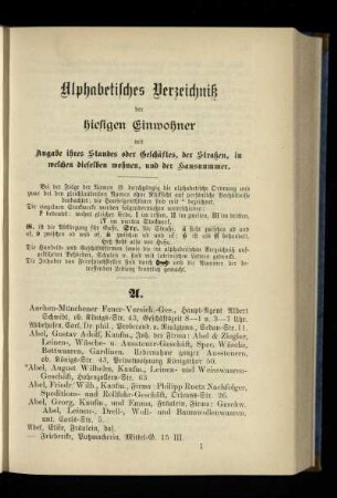 Alphabetisches Verzeichniß der hiesigen Einwohner