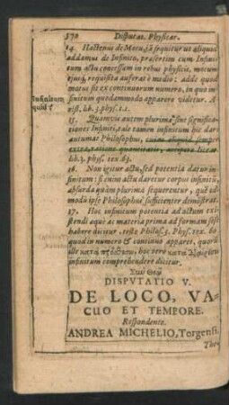 Disputatio V. De Loco, Vacuo Et Tempore. Respondente Andrea Michelio