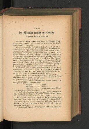 De l'Aliénation mentale aux Colonies et pay de protectorat.