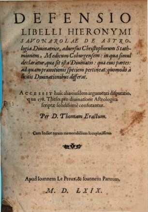 Defensio libelli Hieronymi Savonarolae de astrologia divinatrice