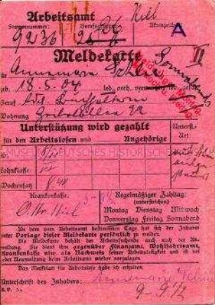 Meldekarte für das Arbeitsamt von Annemarie Schlie