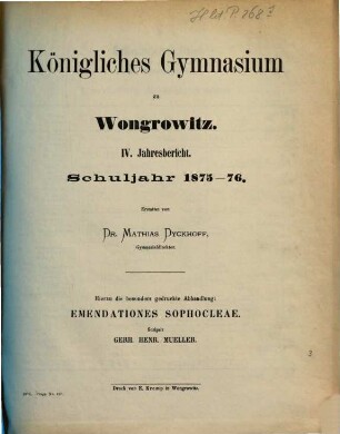 Jahresbericht des Königl. Gymnasiums zu Wongrowitz : Ostern ..., 1875/76 = Jahresb. 4