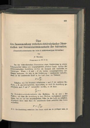Über den Zusammenhang zwischen elektrolytischer Dissoziation und Dielektrizitätskonstante der Solventien.