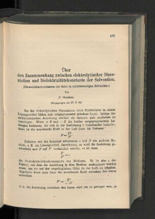 Über den Zusammenhang zwischen elektrolytischer Dissoziation und Dielektrizitätskonstante der Solventien.
