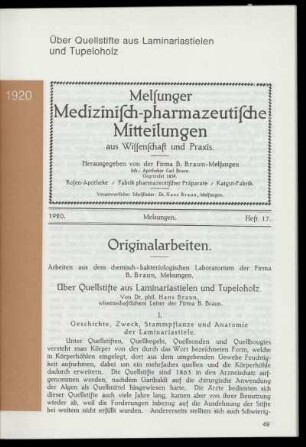 Über Quellstifte aus Laminariastielen und Tupeloholz (Heft 17)