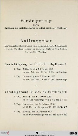 Auktions-Katalog : Versteigerung auf Schloss Sibyllenort (Schlesien) von Nr. 1 bis Nr. 623