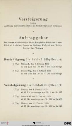 Auktions-Katalog : Versteigerung auf Schloss Sibyllenort (Schlesien) von Nr. 1 bis Nr. 623