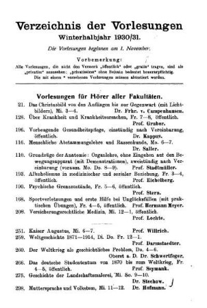 Verzeichnis der Vorlesungen Winterhalbjahr 1930/31.