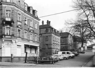 Dresden-Neustadt, Waldschlößchenstraße 12. Wohnhaus mit Laden (um 1890). Eckansicht mit Wohnhäusern, Am Brauhaus