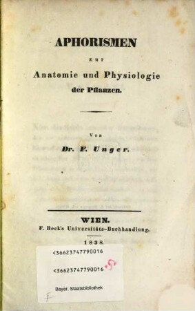 Aphorismen zur Anatomie und Physiologie der Pflanzen
