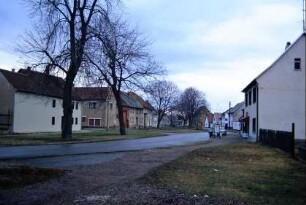 Dorfstraße, großer Abstand zwischen Häuserzeilen, mit Bäumen bestanden