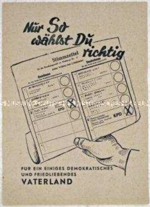 Illustriertes Propagandaflugblatt der KPD zur Bundestagswahl 1953