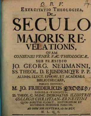Exercitatio Theologica, De Seculo Maioris Revelationis
