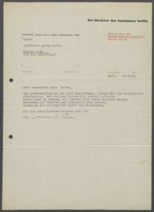 Brief von Ludwig Mies van der Rohe [Bauhaus, Berlin] an Georg Kolbe