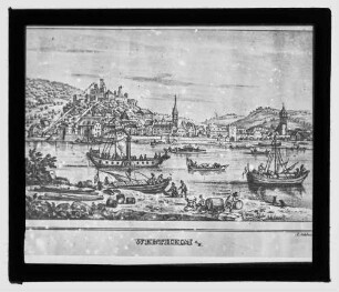 Reproduktion von Stich oder Zeichnung Blick von Kreuzwertheimer Ufer nach Wertheim (viele Boote auf dem Main)
