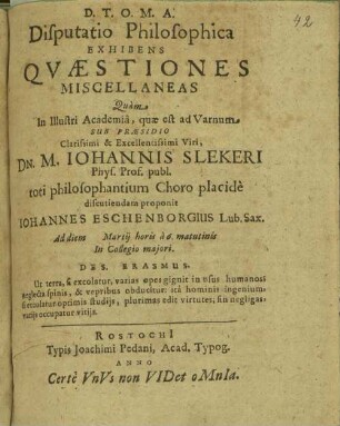 Disputatio philosophica exhibens quaestiones miscellaneas