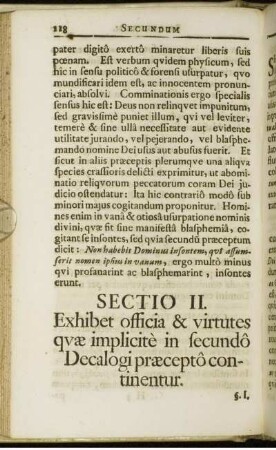 Sectio II. Exhibet officia & virtutes quæ implicitè in secundô Decalogi præceptô continentur.
